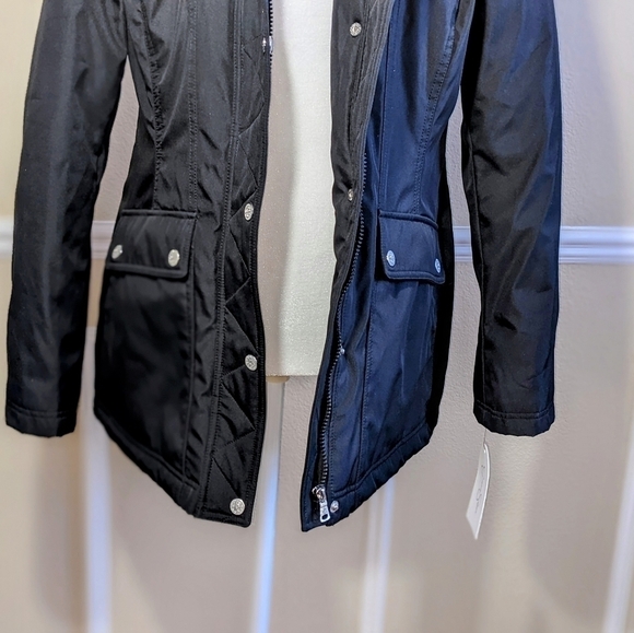 Faux Fur Black Quilted Winter Coat with Detachable Hood NWT - Picture 3 of 11